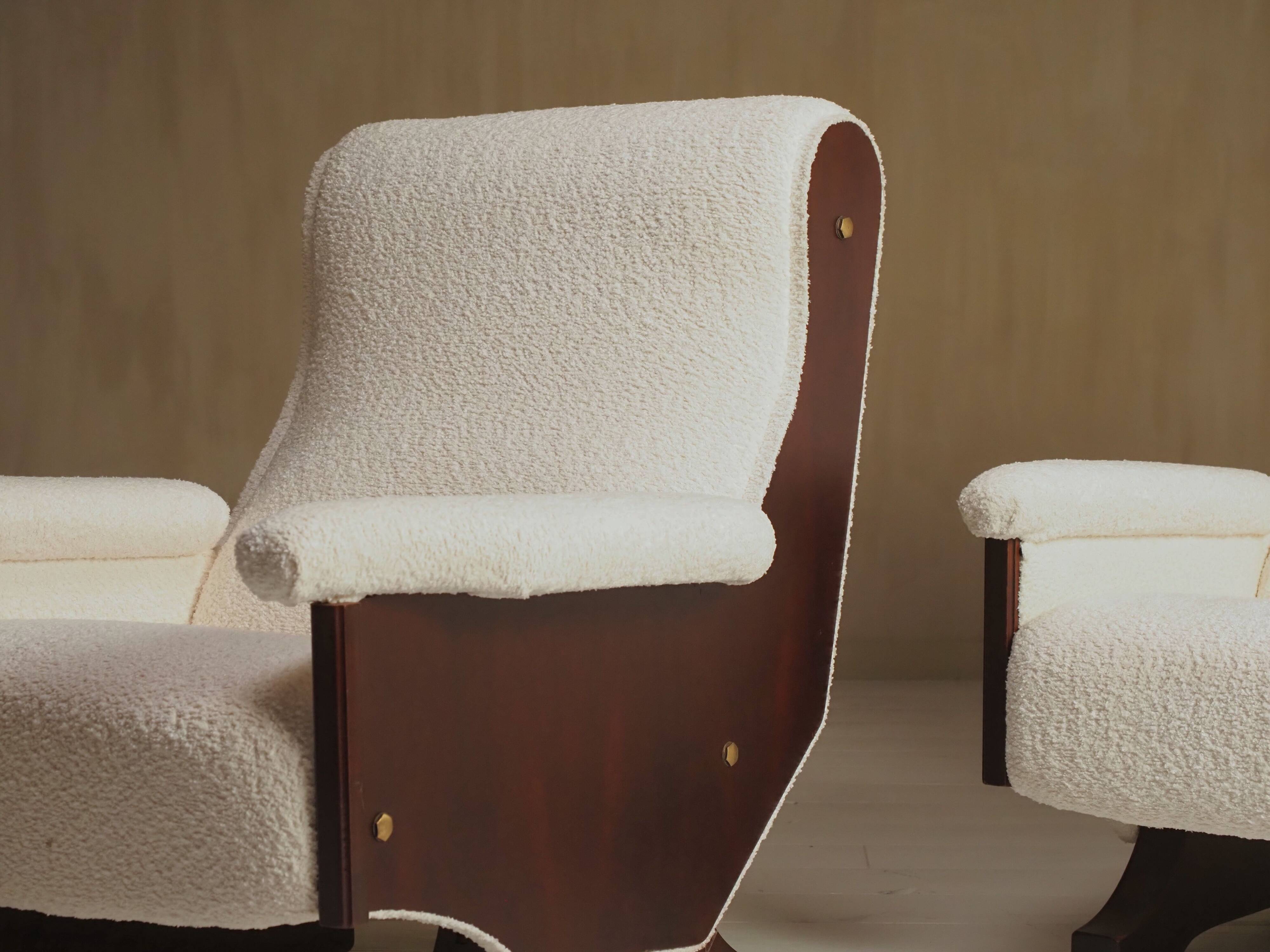 Pair of 1960s Italian Modern Walnut and Boucle Armchairs