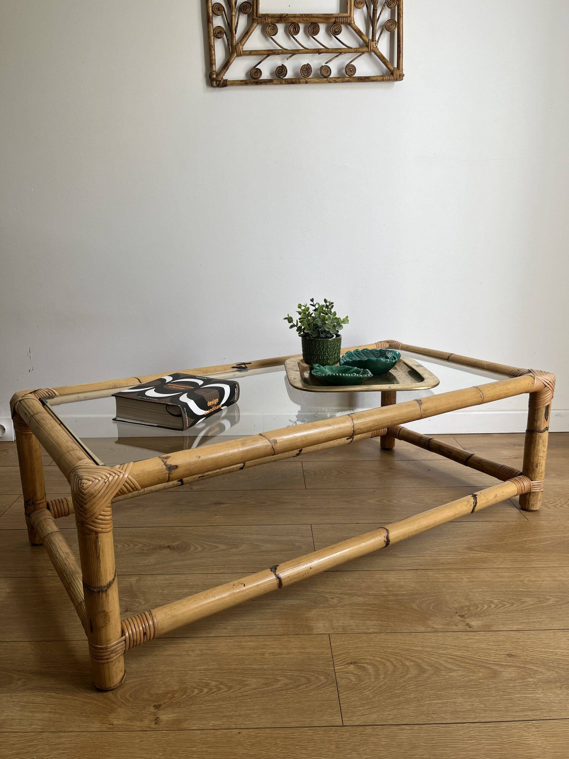 Bamboo rattan and glass coffee table
