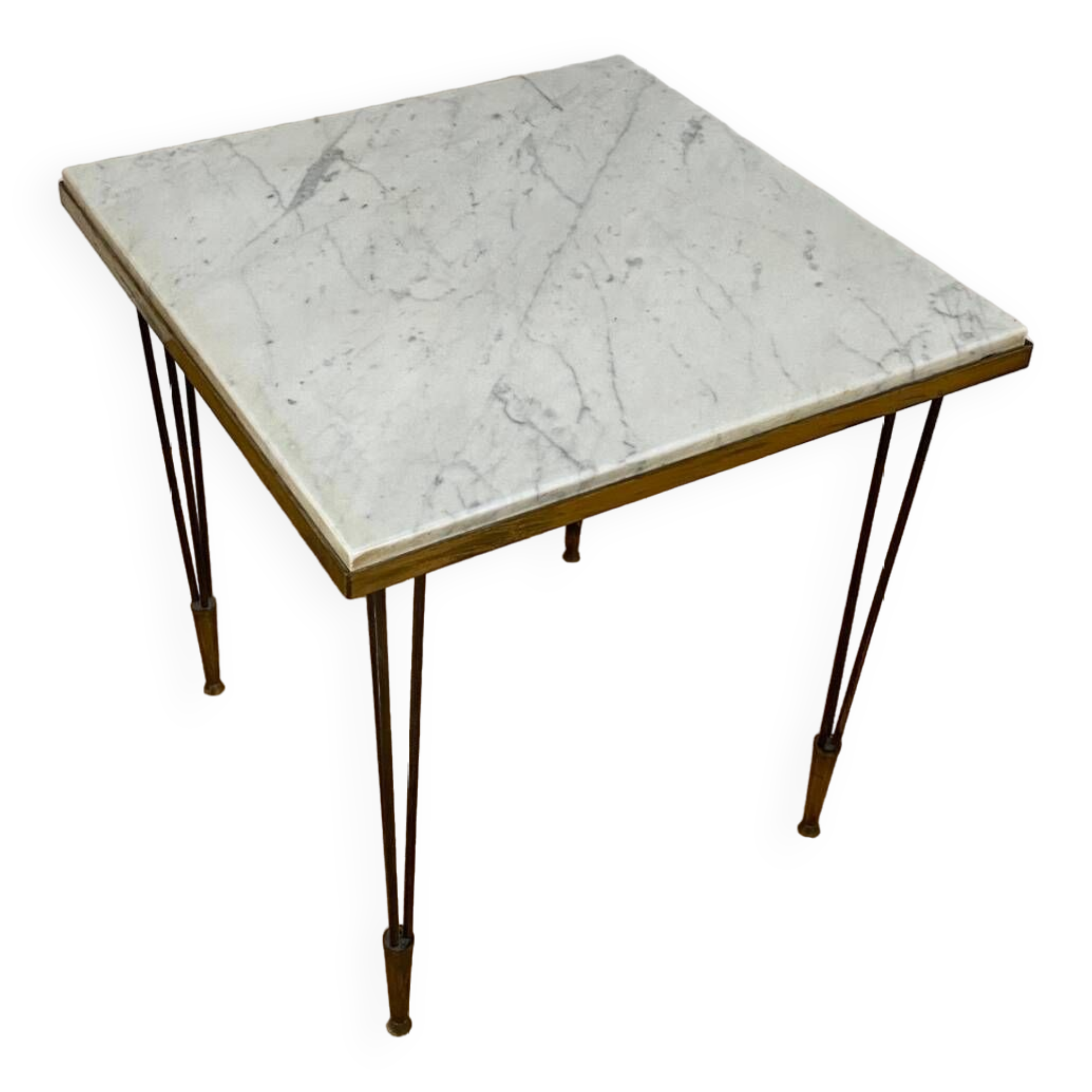 End table in gold metal, white marble top. 60s