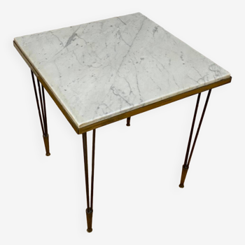 End table in gold metal, white marble top. 60s