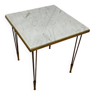 End table in gold metal, white marble top. 60s