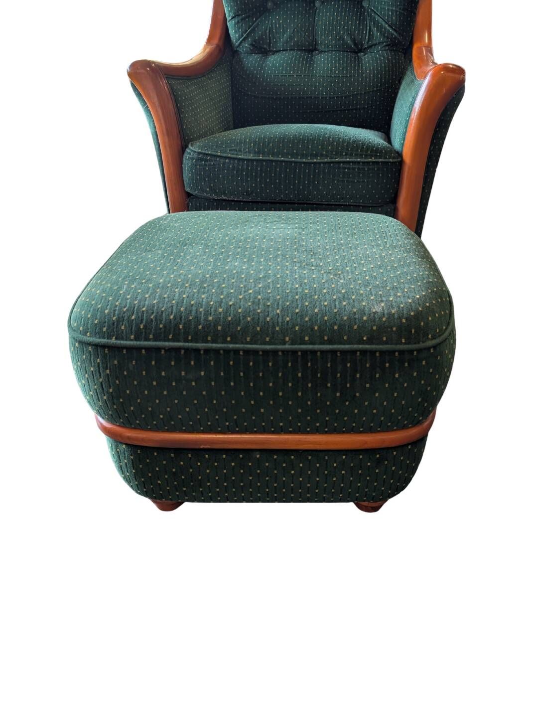 2 fauteuils et pouf assorti en tissu vert et bois