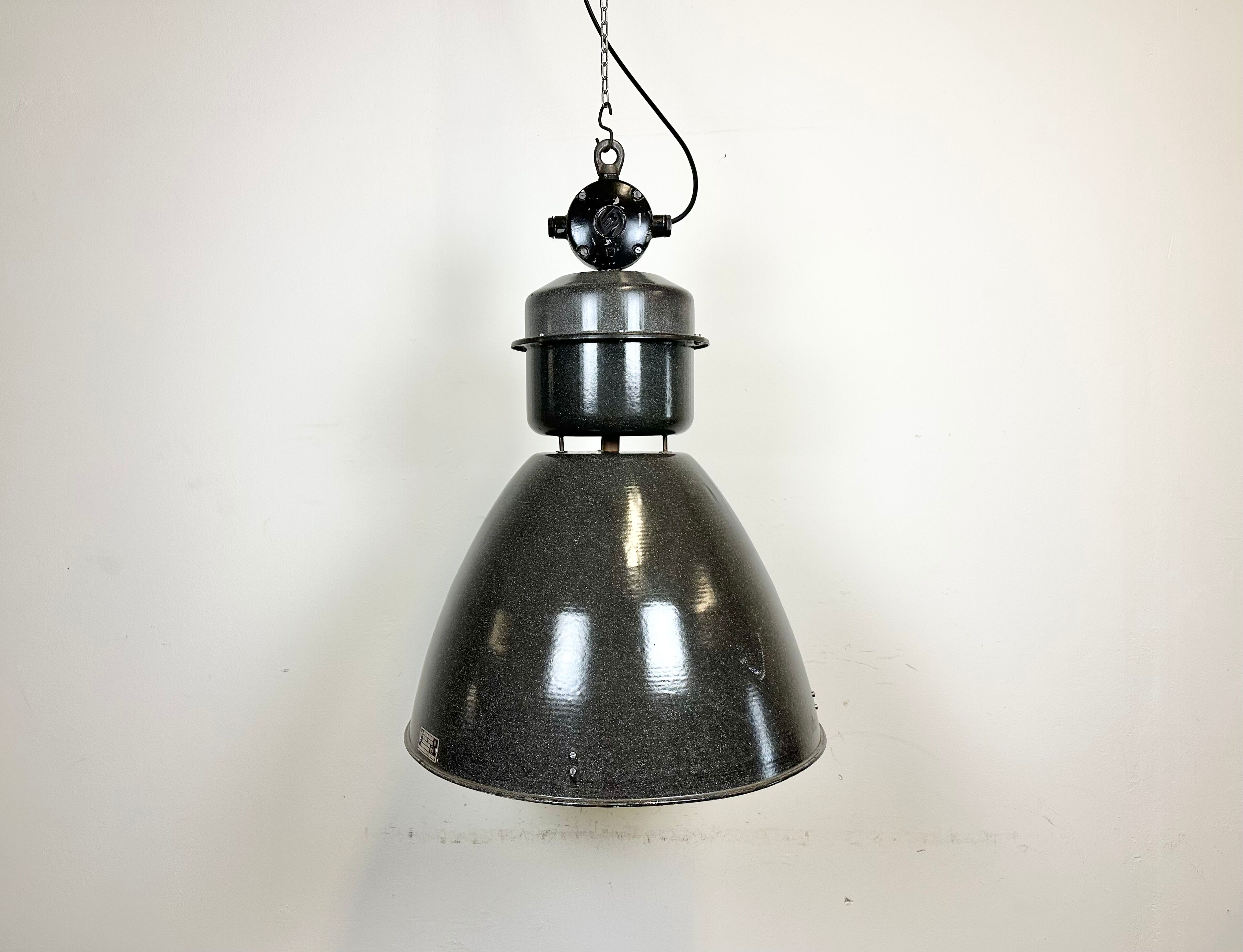 Dark grey enamel industrial factory lamp from elektrosvit, 1960s