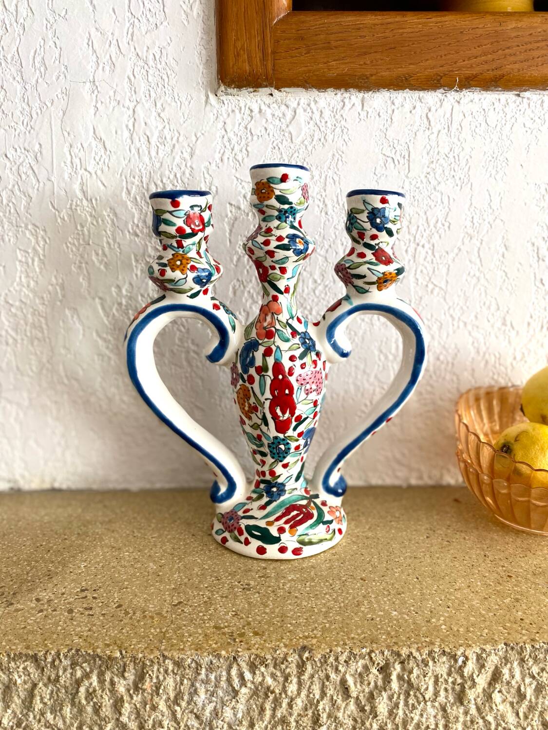 Three-branch candle holder in antique hand-painted ceramic