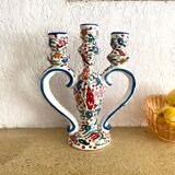 Three-branch candle holder in antique hand-painted ceramic