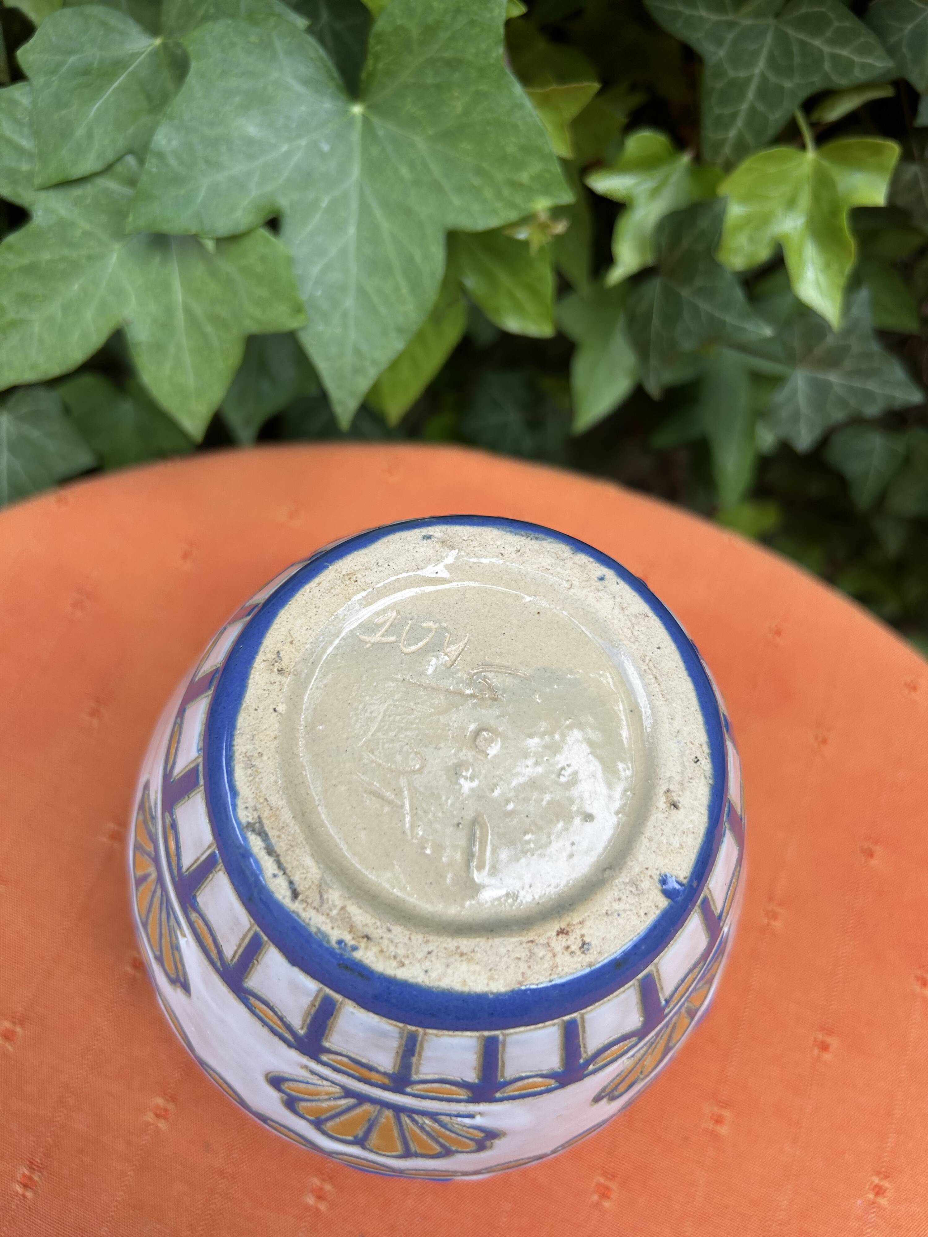 Vintage ceramic vase signed – Art Deco style in blue and orange