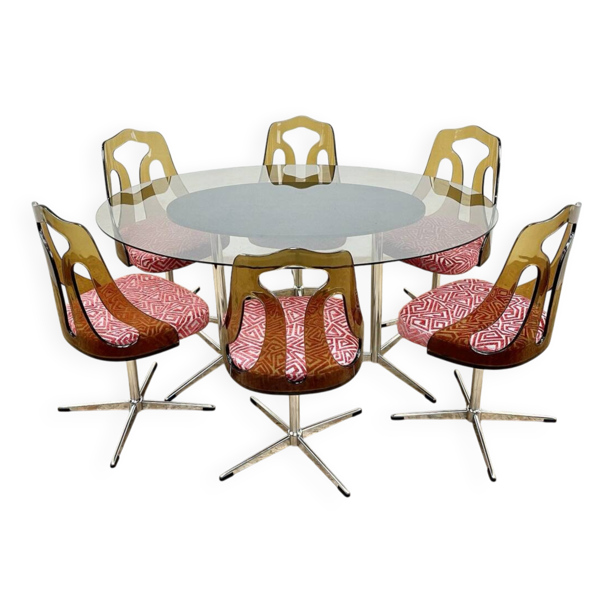 Mid Century 1960s Smoked Perspex Chairs and Glass Table