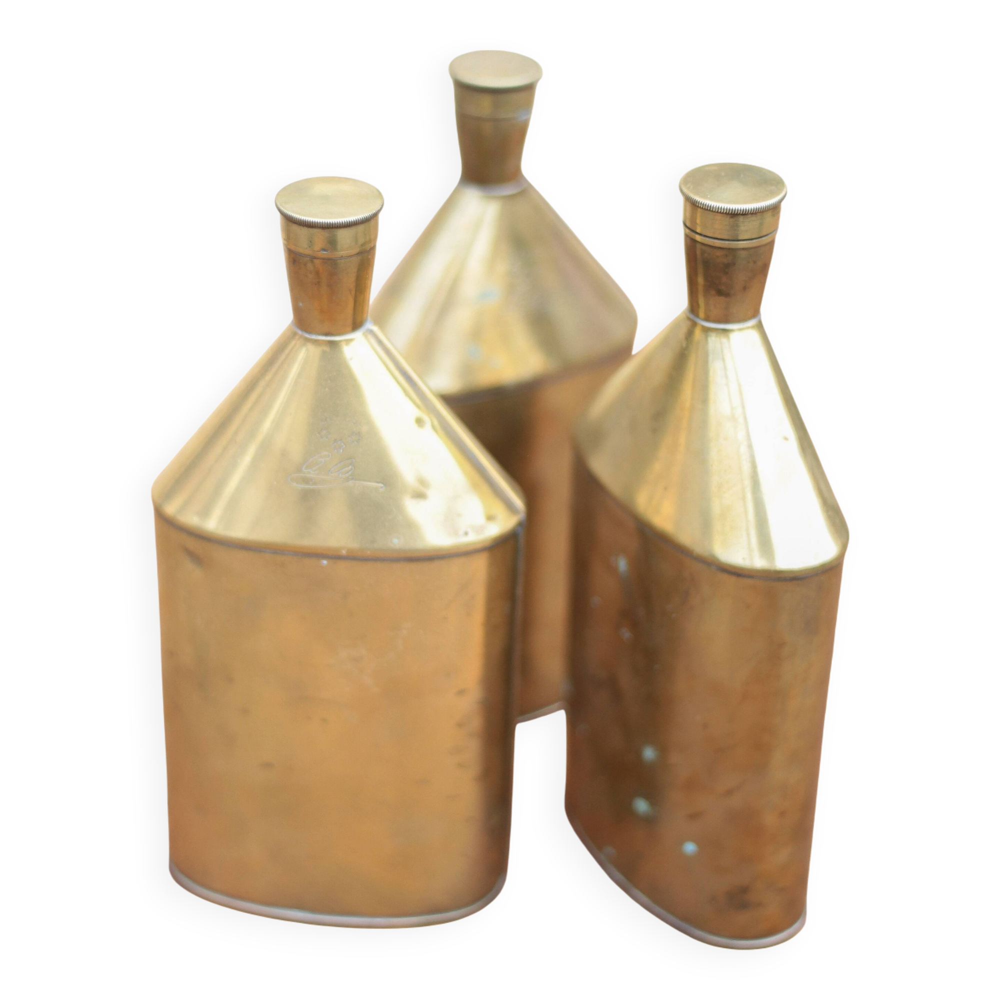 Lot de 3 bouteilles laiton vintage, gourde laiton, récipient laiton