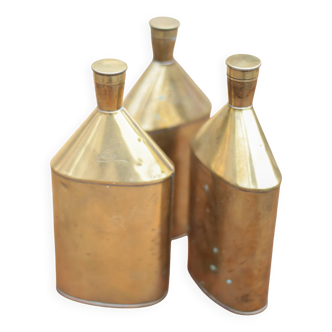 Set of 3 vintage brass bottles, brass gourd, brass container