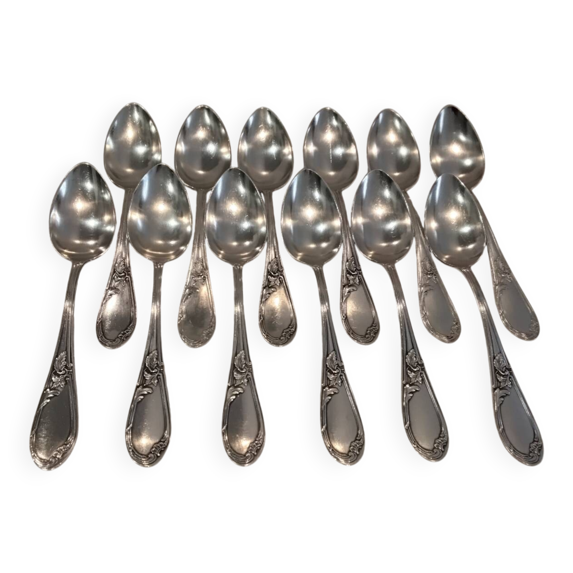 12 silver-plated dessert spoons with rocaille ribbon decoration, 18.5 cm