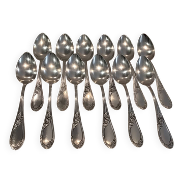 12 cuillères à dessert métal argenté decor rubans rocaille 18,5cm