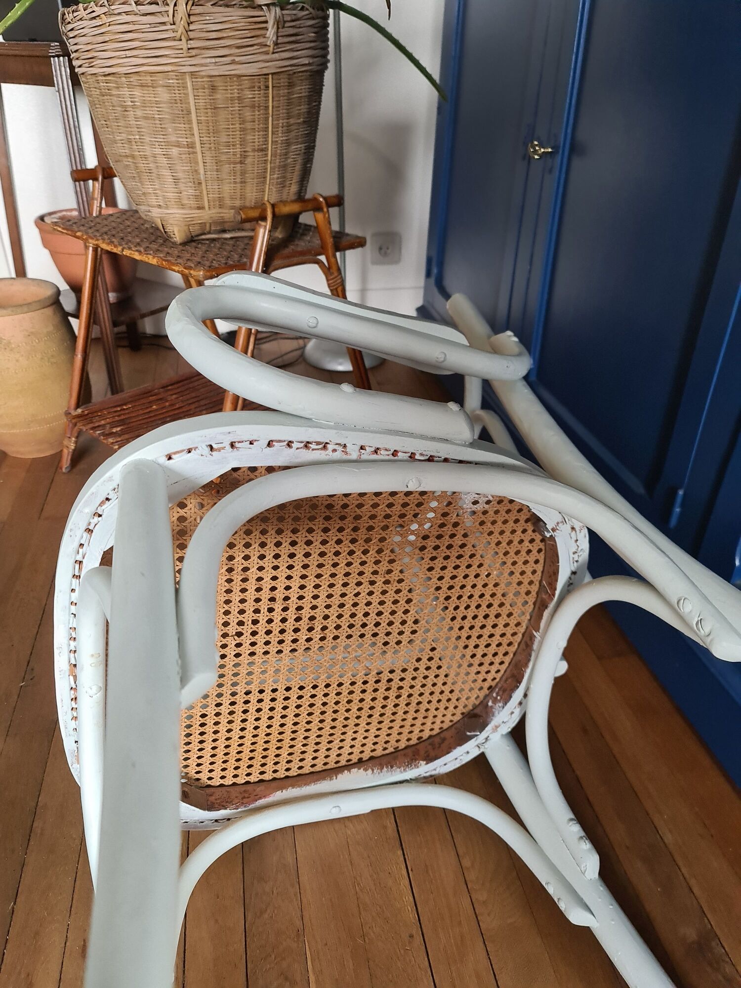 Chair / armchair cannage and wood painted shaby vintage