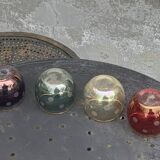 Liqueur carafe, or aperitif, carved with floral decoration in transparent glass and 4 polka dot glasses