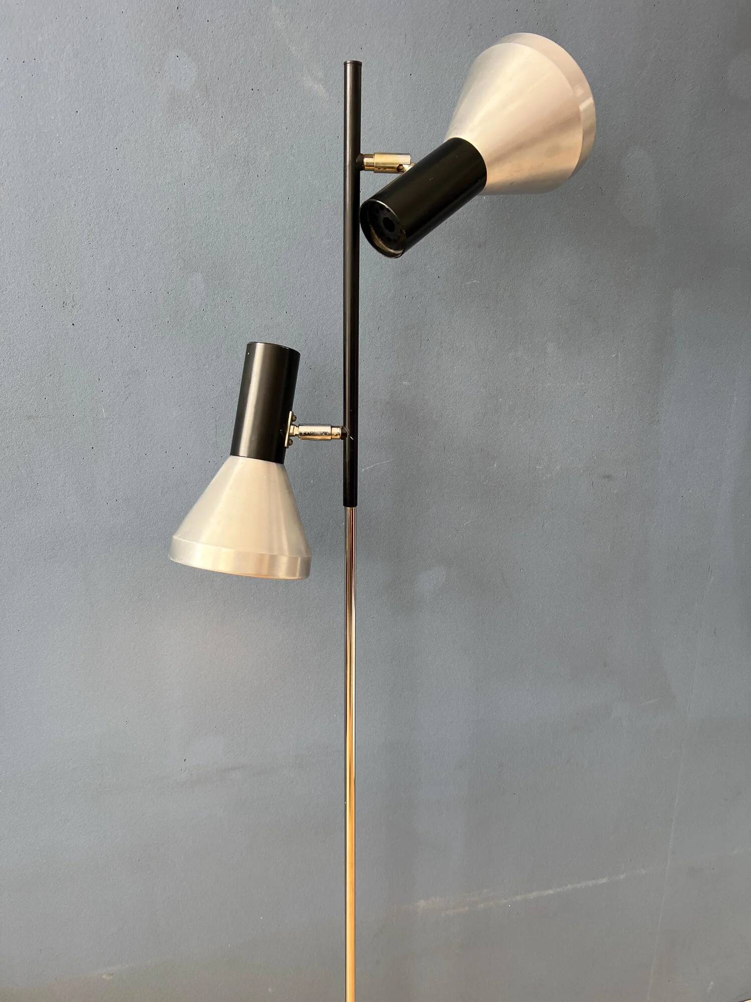Vintage black mid-century floor lamp with two aluminum spots