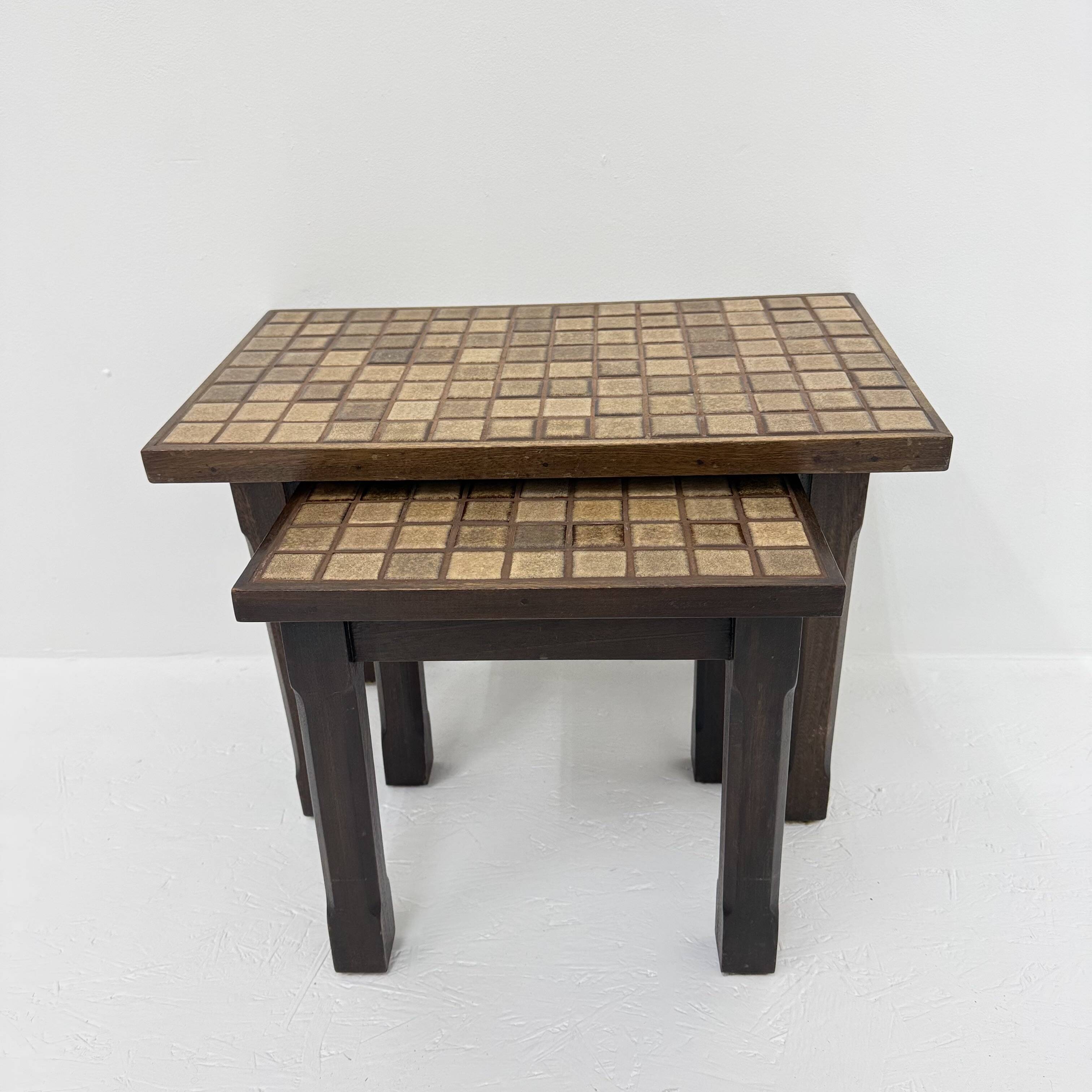 Set of 2 brutalist side tables solid oak wood with tile top , 1970s