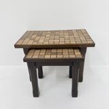 Set of 2 brutalist side tables solid oak wood with tile top , 1970s