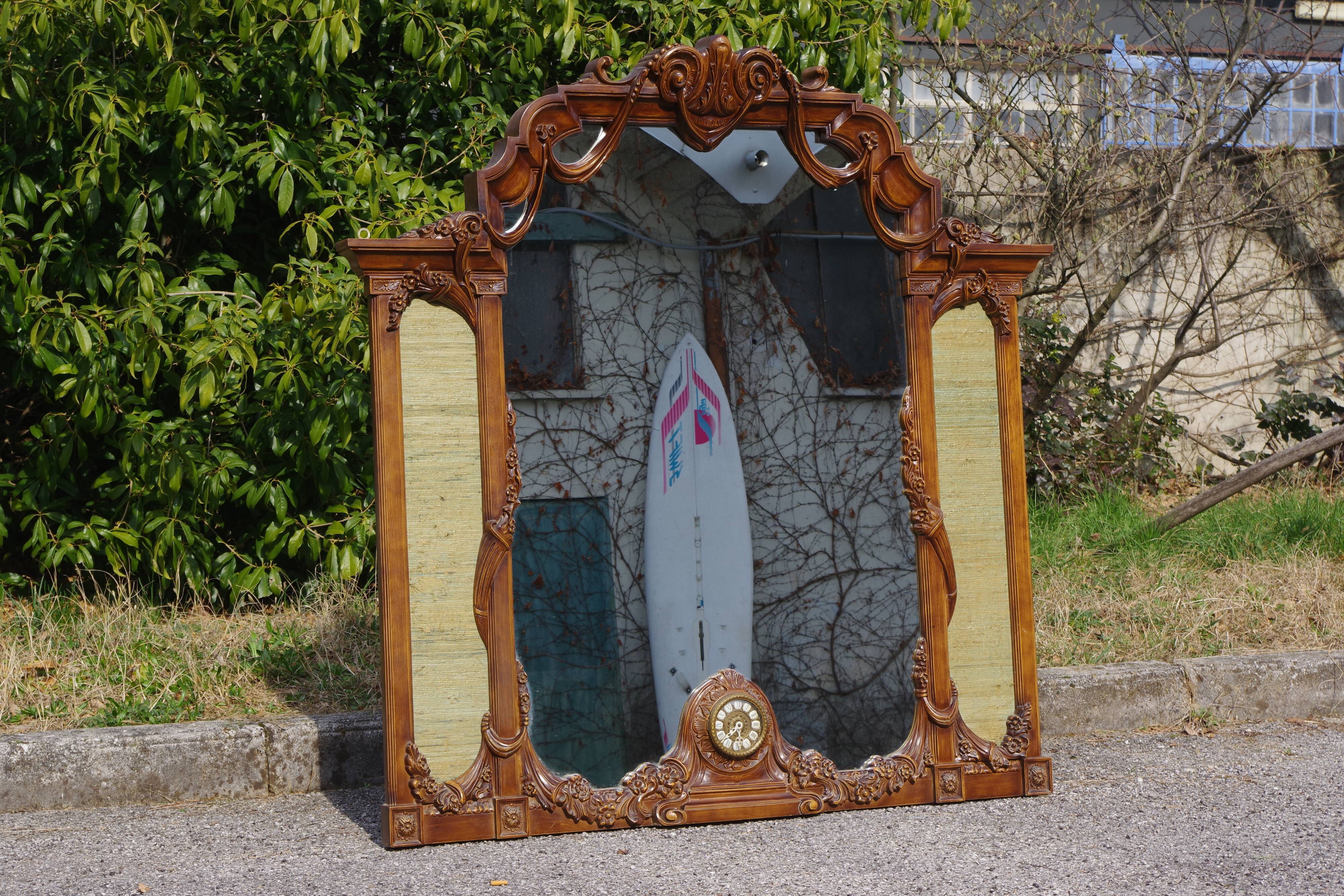 Wooden mirror with clock, 1960