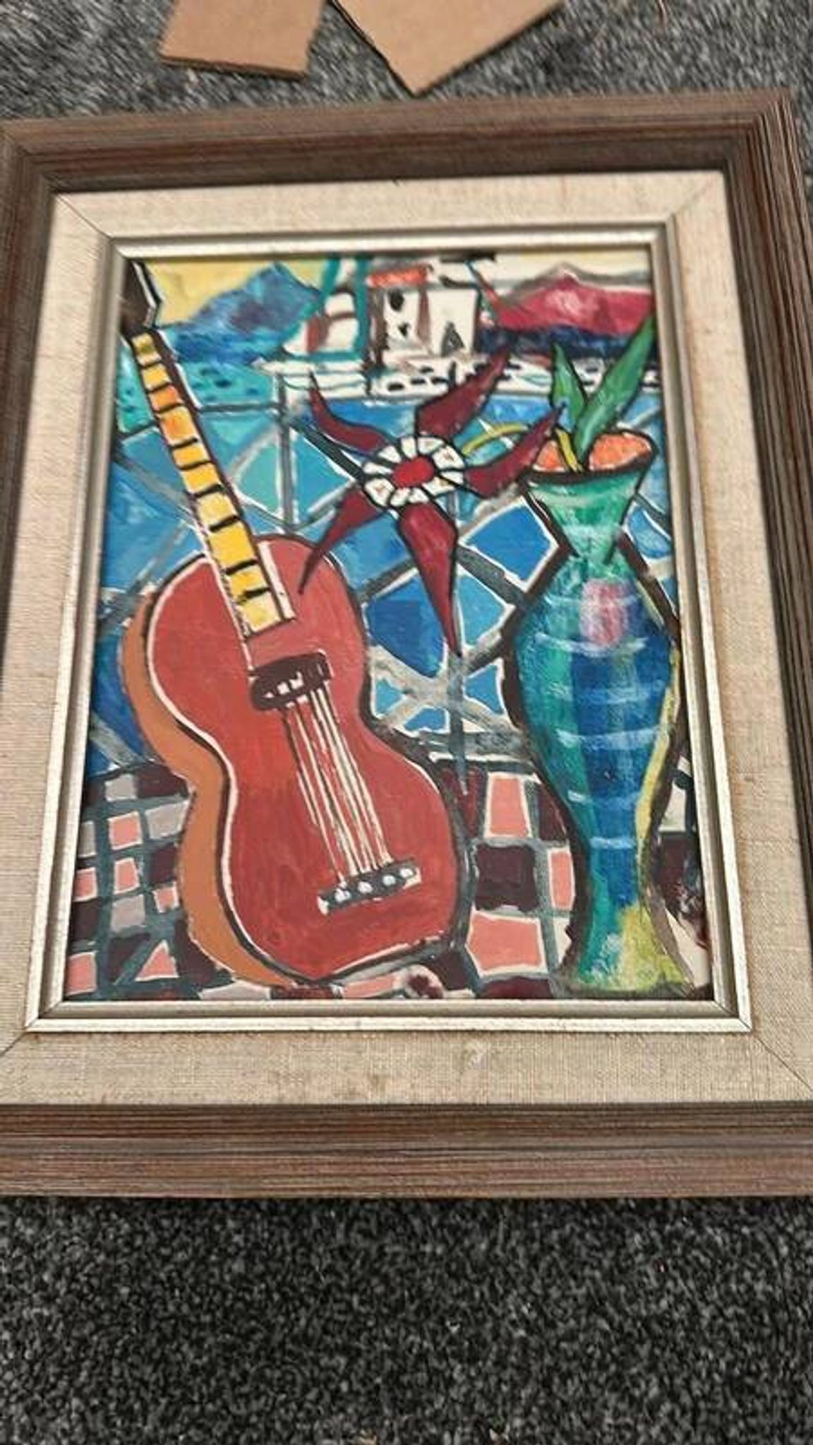 Swedish oil on canvas “Still life with guitar” by Josef José vintage 25×31cm