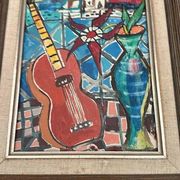 Swedish oil on canvas “Still life with guitar” by Josef José vintage 25×31cm
