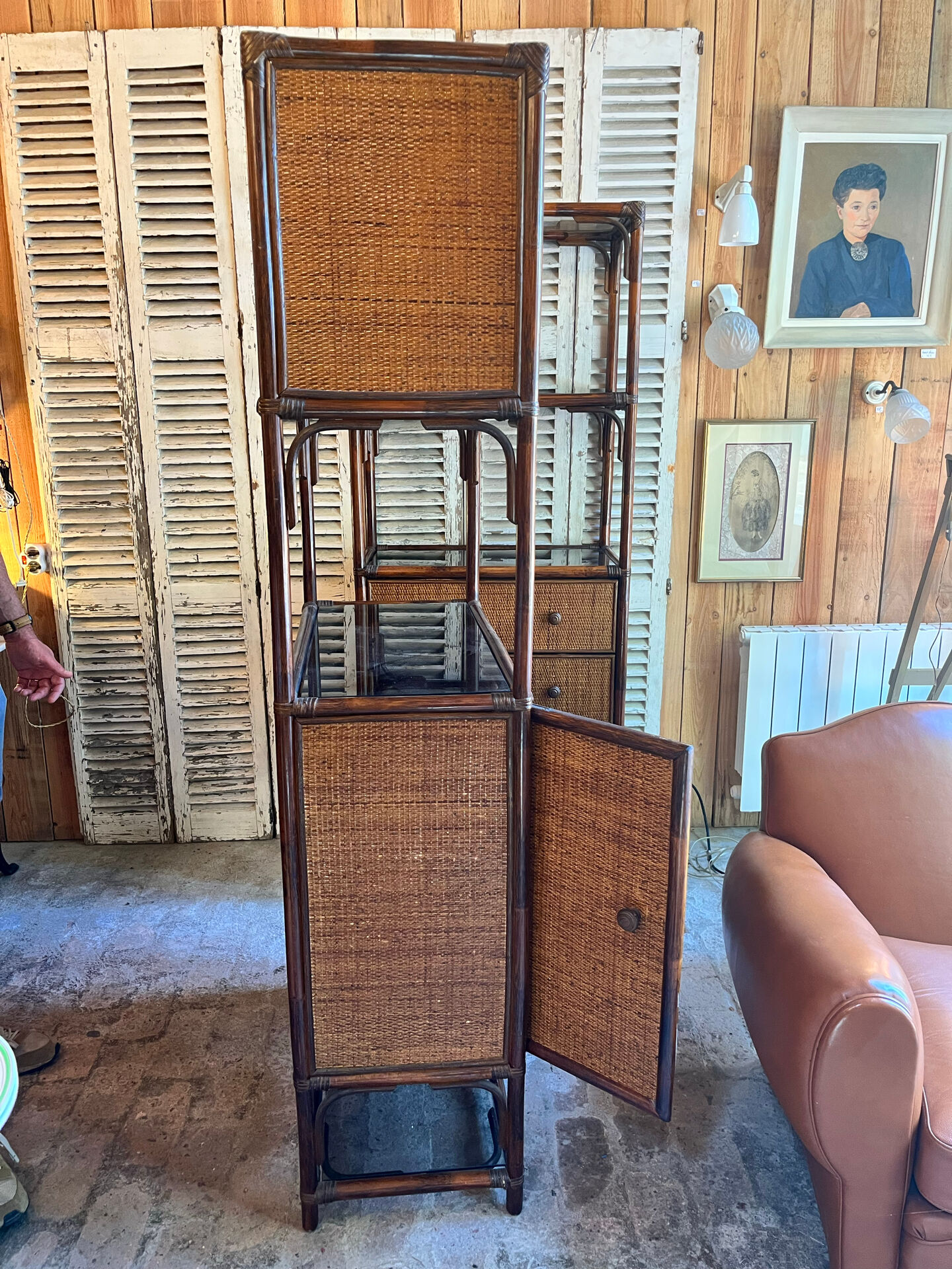 Enfilade étagère rotin vintage