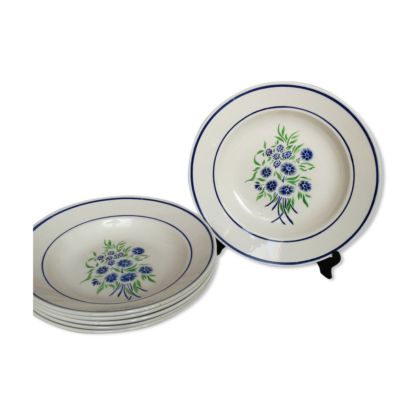 6 old Badonviller organic plates francine blue and green flowers in the stencil