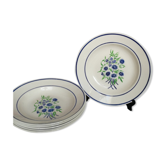 6 assiettes creuses anciennes Badonviller francine fleurs bleues et vertes au pochoir