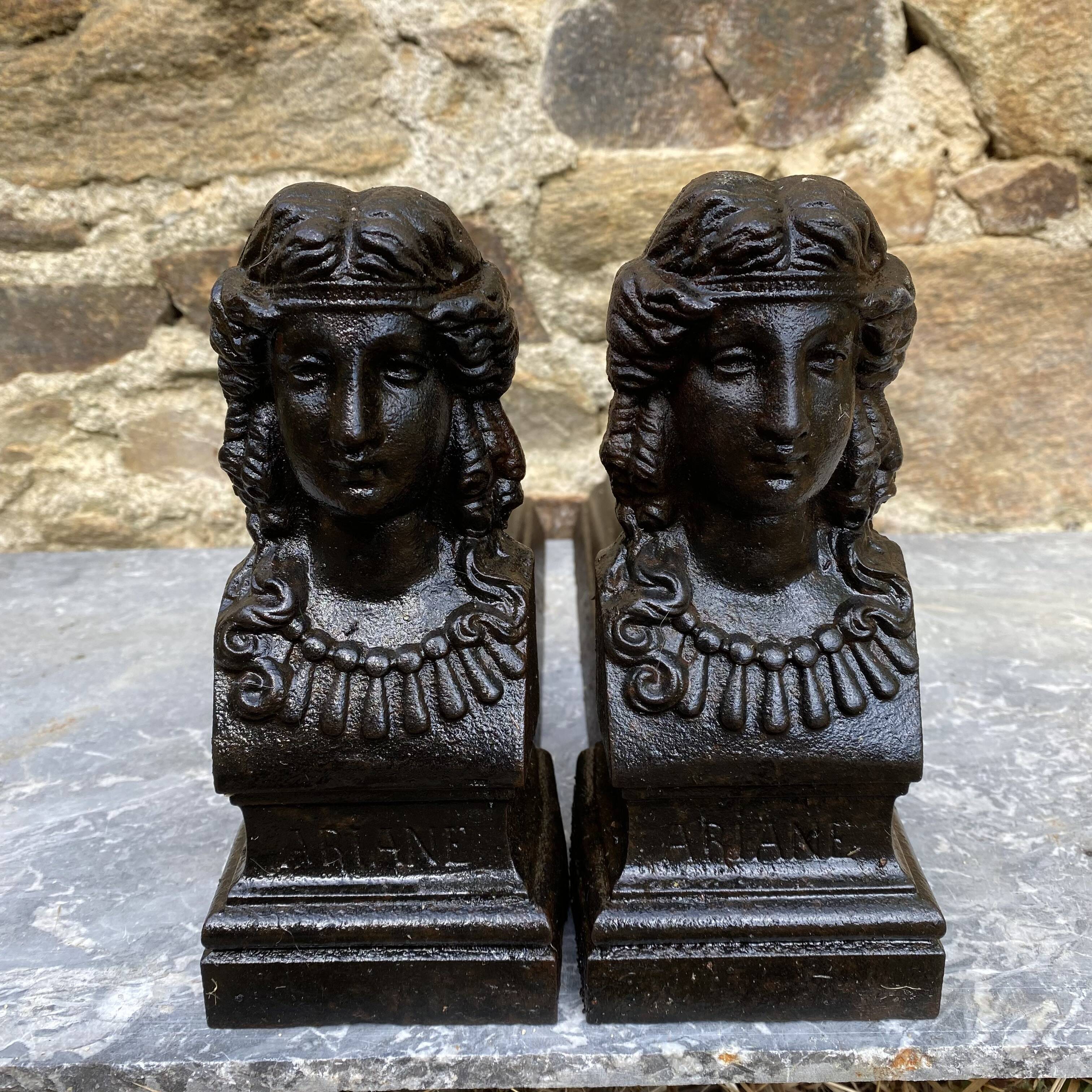 Pair of antique cast iron fire dogs "Ariadne"