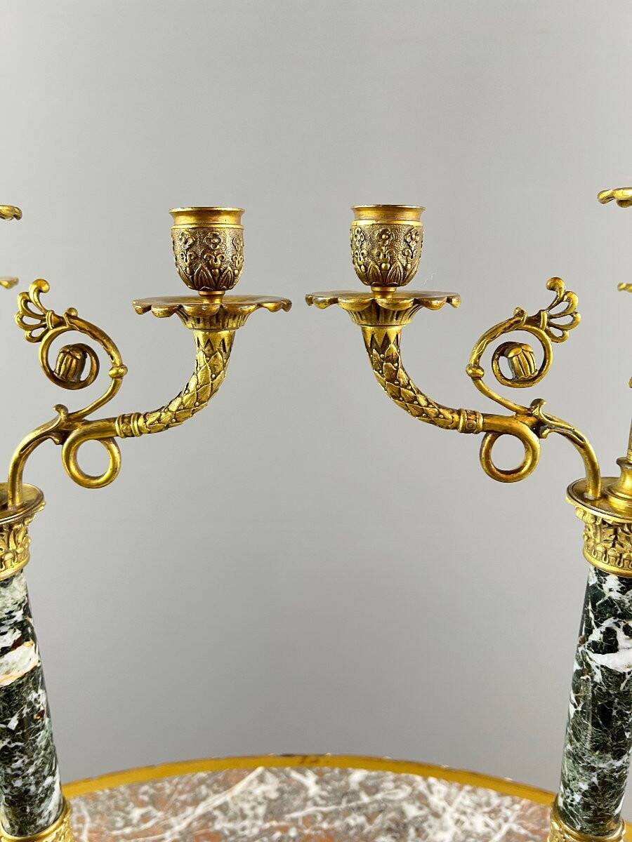 Pair of candelabra in gilt bronze and green marble, 19th century
