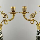 Pair of candelabra in gilt bronze and green marble, 19th century