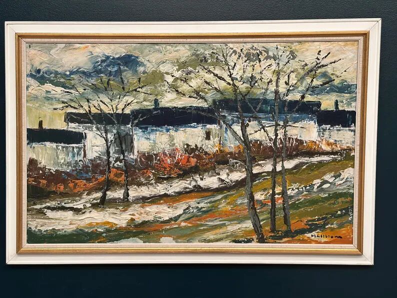 Large Original Swedish Oil on Panel – “Landscape with Houses and Trees” by Stig Hallblom – Signed – Vintage & Framed 90×59.5cm (35.4"×23.4")