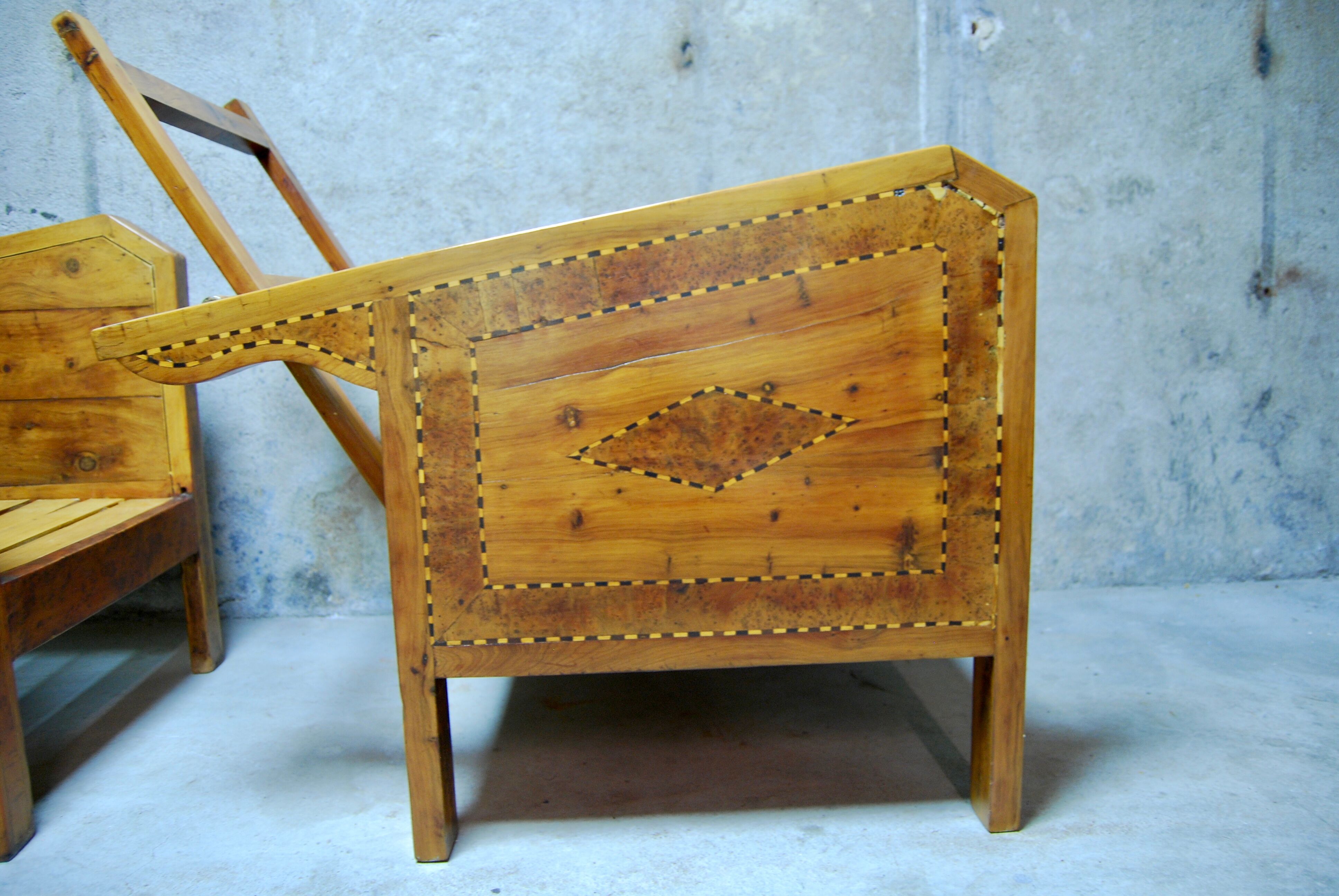 Vintage wooden veranda armchairs with inlaid marquetry 1930s