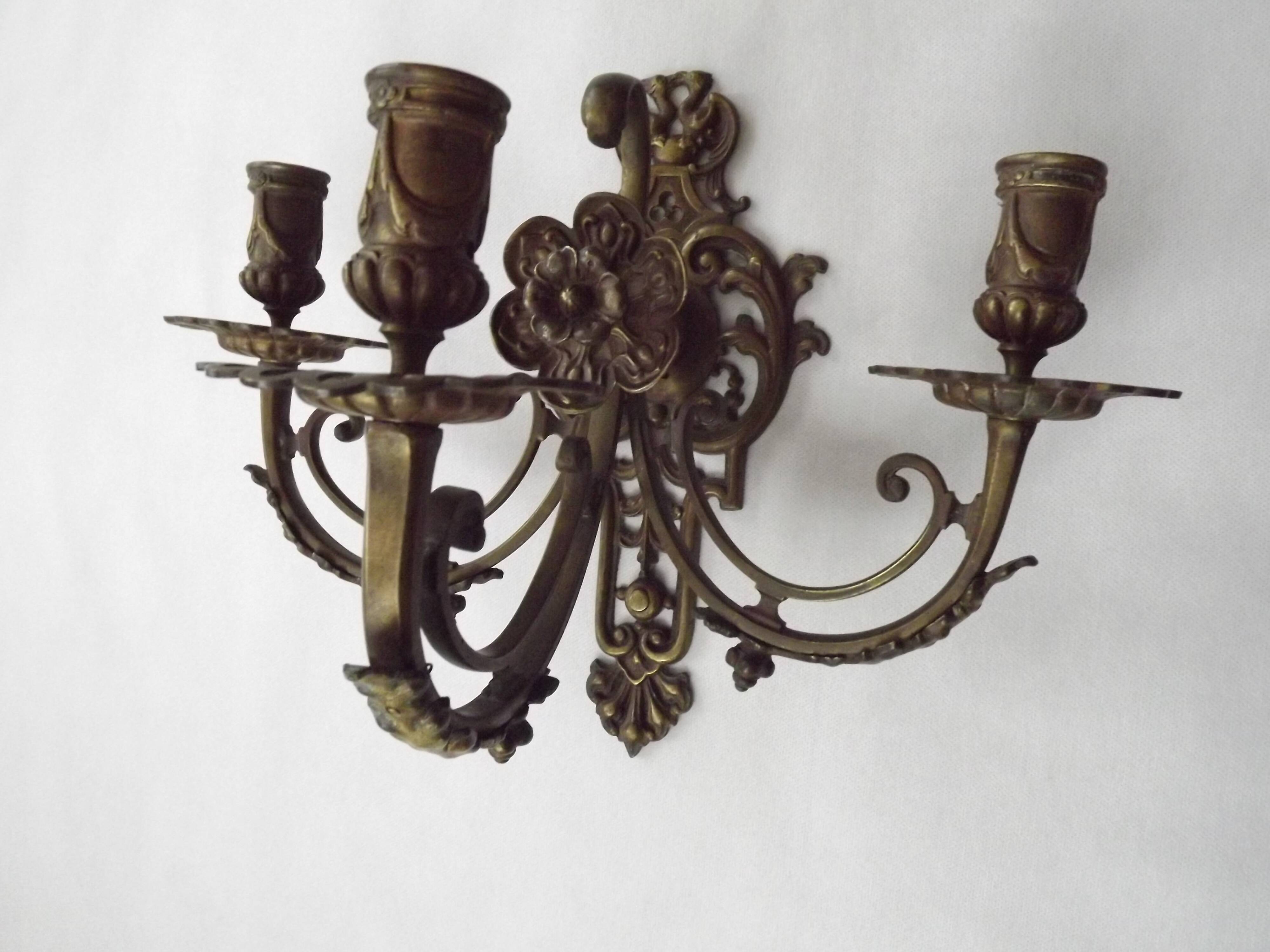 Pair of Heavy Victorian Bronze Triple Wall Sconces Griffin & Flower Detail