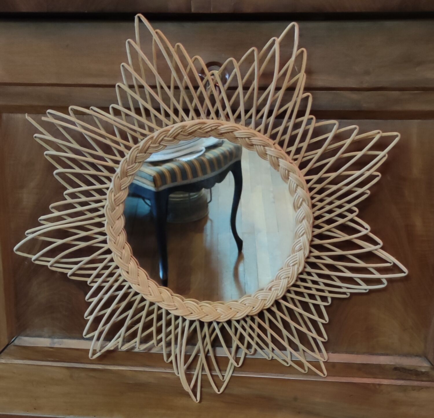 Vintage rattan sun mirror, 51 cm
