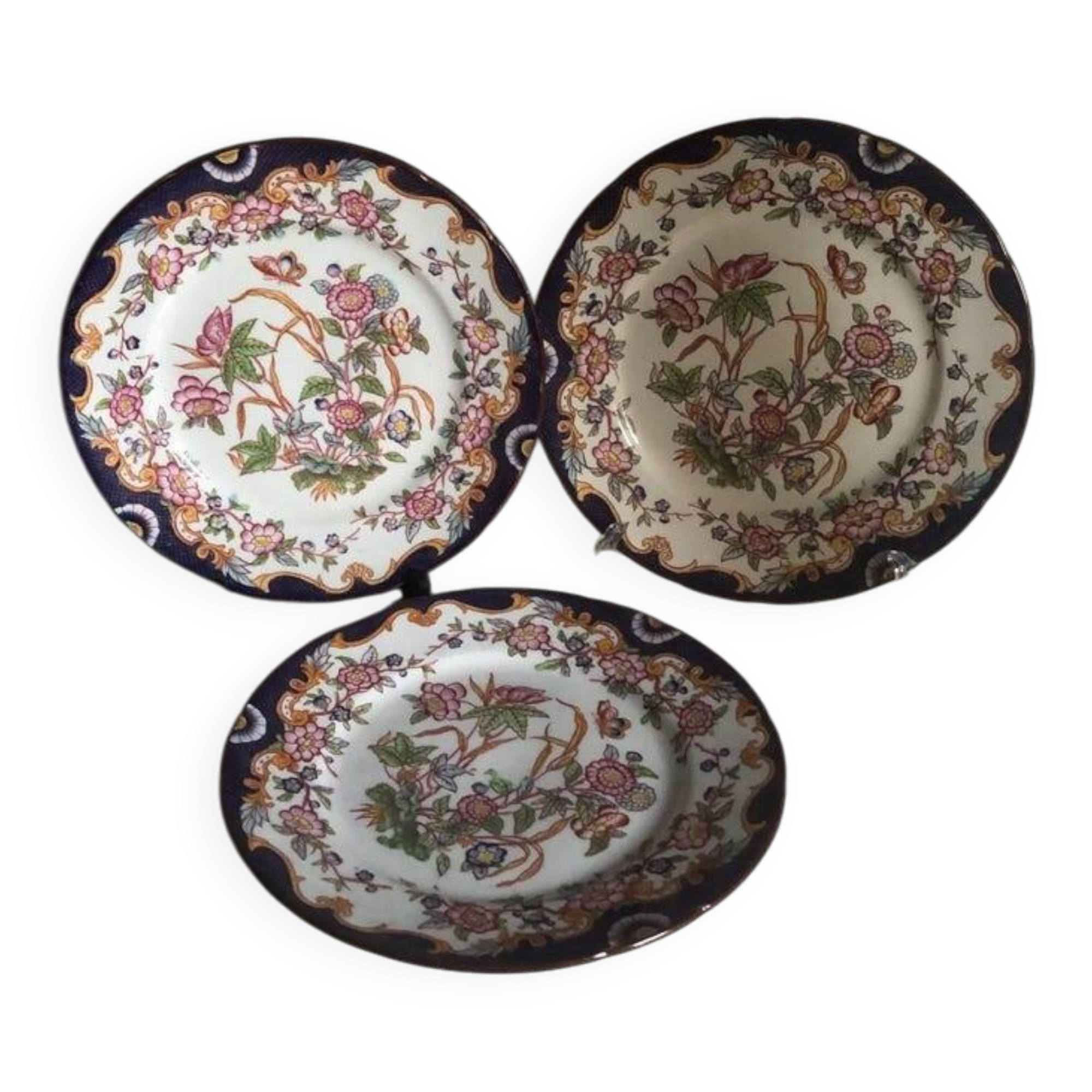 Set of 3 Antique Sarreguemines Dessert Plates: Hand-Painted Floral Ceramic