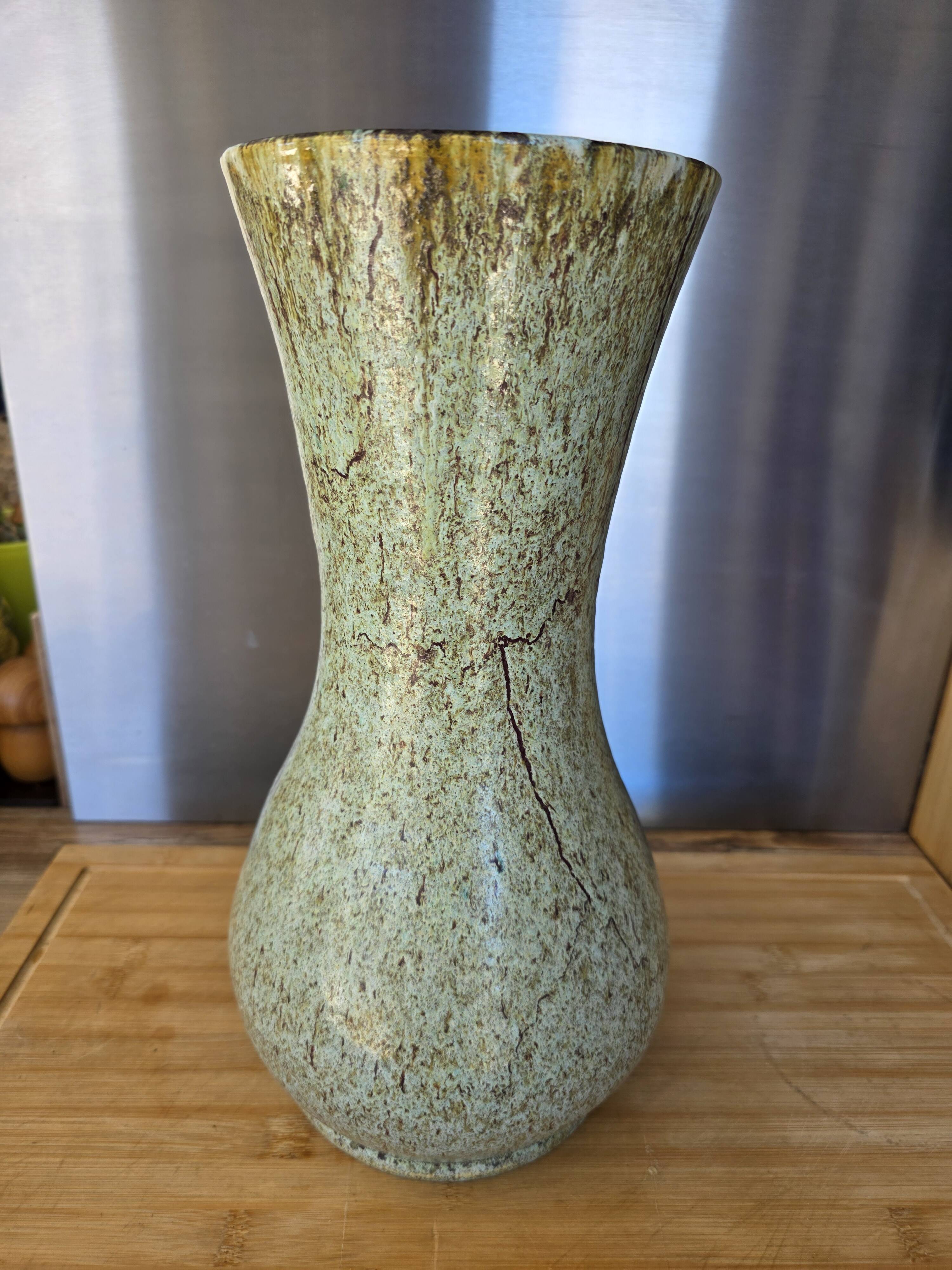 Large baluster vase from Accolay – Water green & ochre marbled enamel – 35 cm