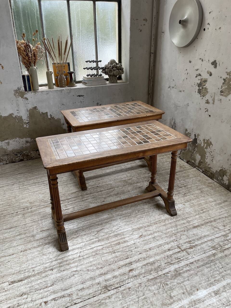 Set of two bistro tables in walnut and tiling from 1890.