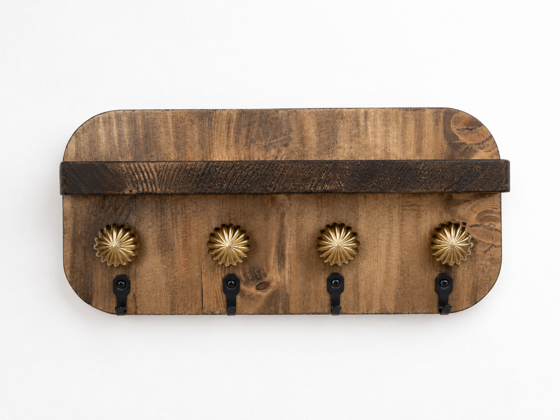 Wall shelf made of solid wood with golden hooks - Key holder for the entrance