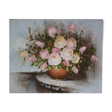 Oil painting of a bouquet of flowers.