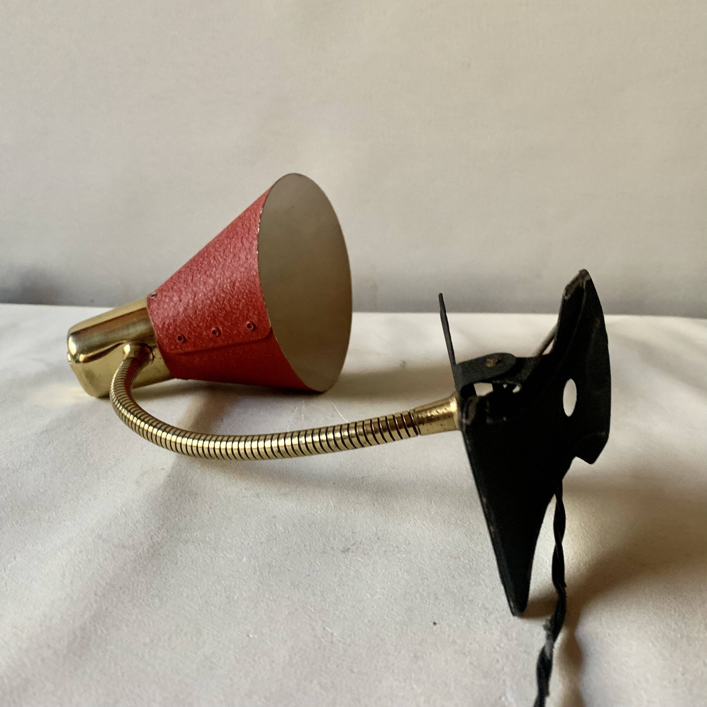 Brass and red painted metal clamp desk lamp - 1950s