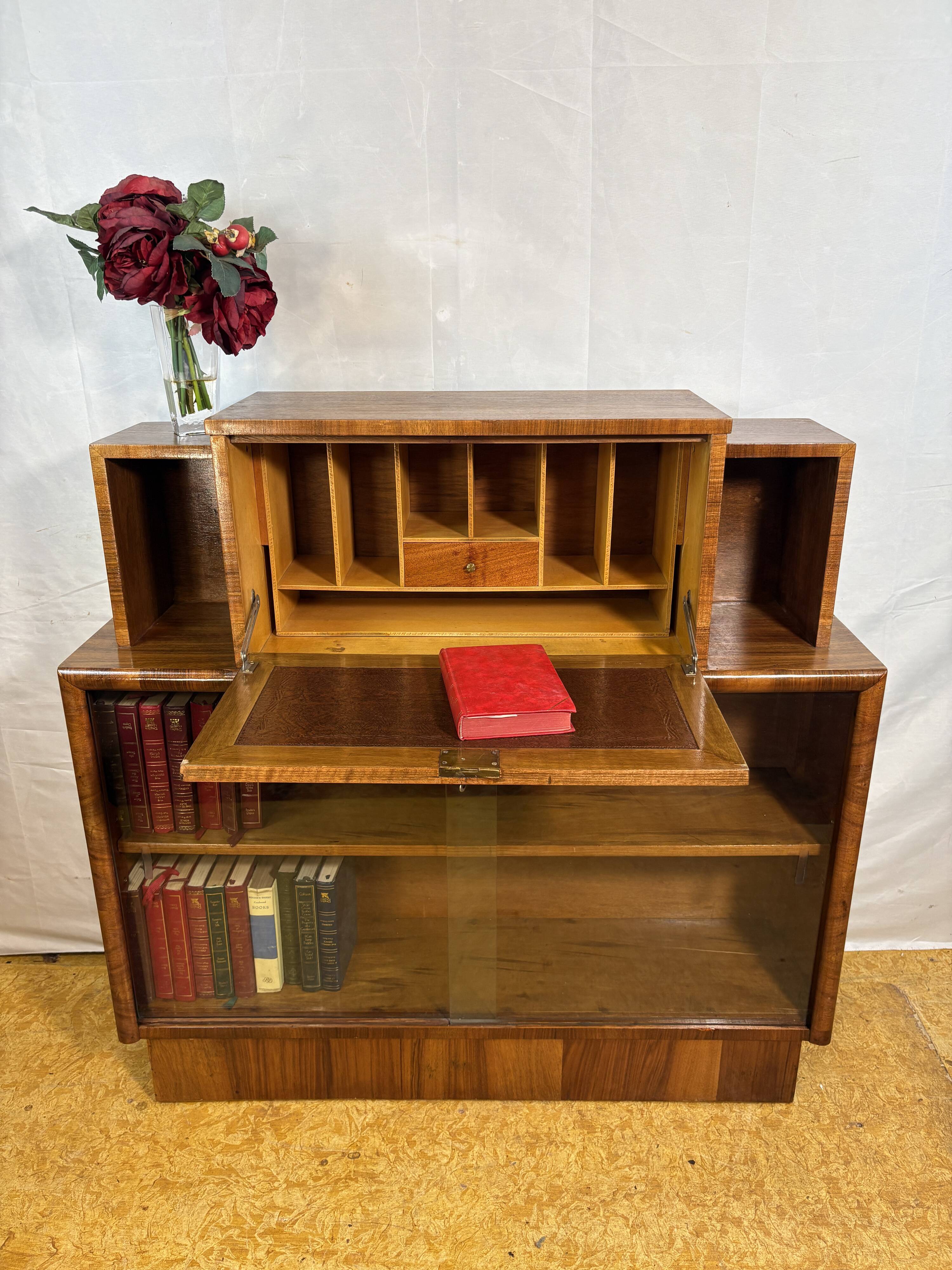 Art Deco Vintage 1930s Burr Walnut Bureau Display Cabinet Fall Front