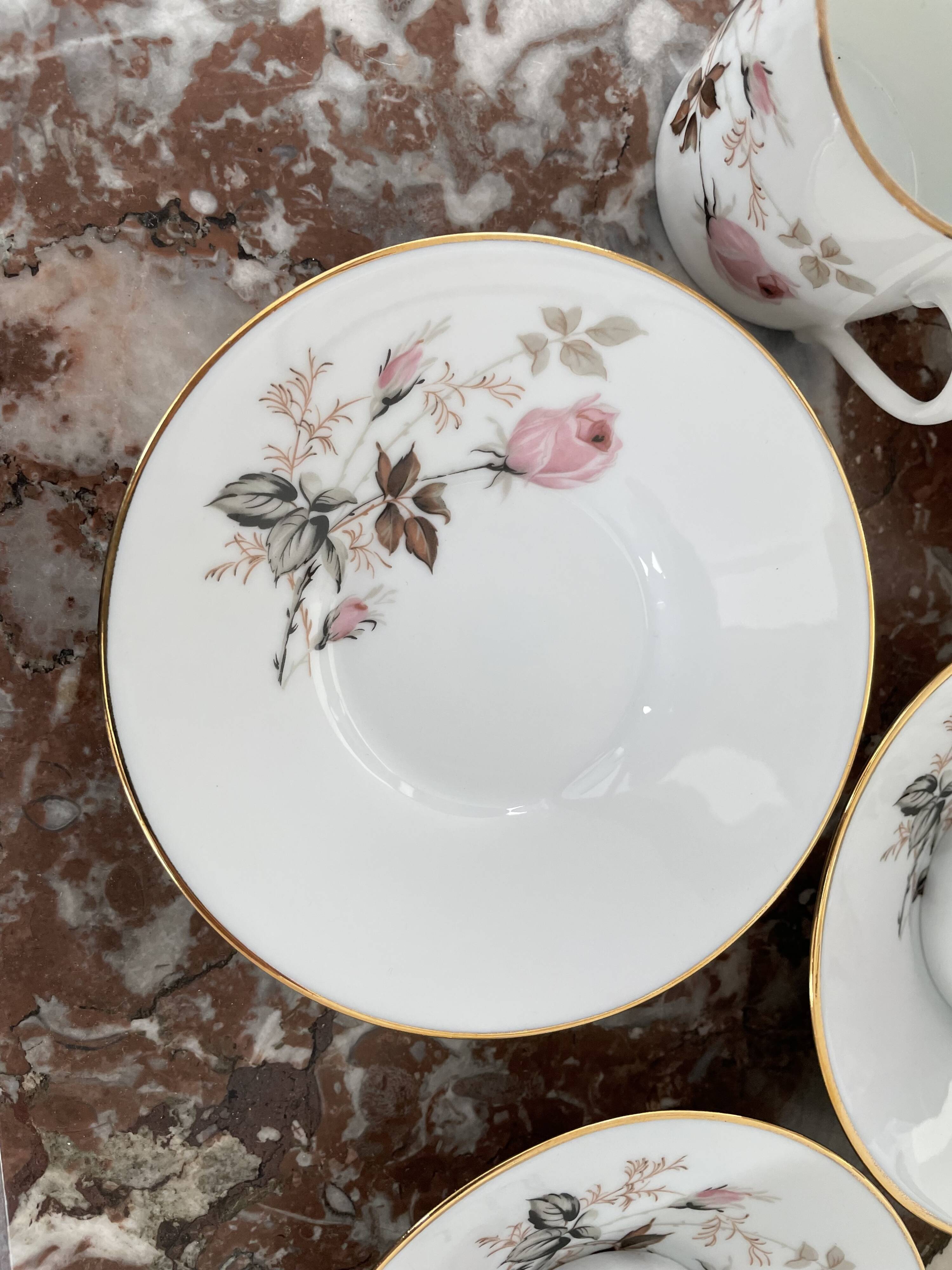 Vintage, coffee service, tea, Limoges, Flowers, cipher, 11 cups and under cups, teapot, 27 pieces