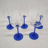 Set of 5 vintage blue wine glasses by Luminarc, France 1960's
