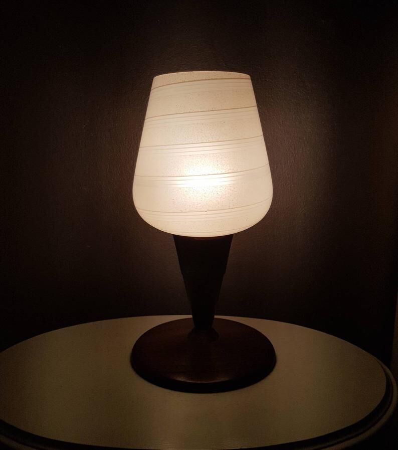 Vintage teak table lamp with 60s white glass lampshade