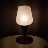 Vintage teak table lamp with 60s white glass lampshade