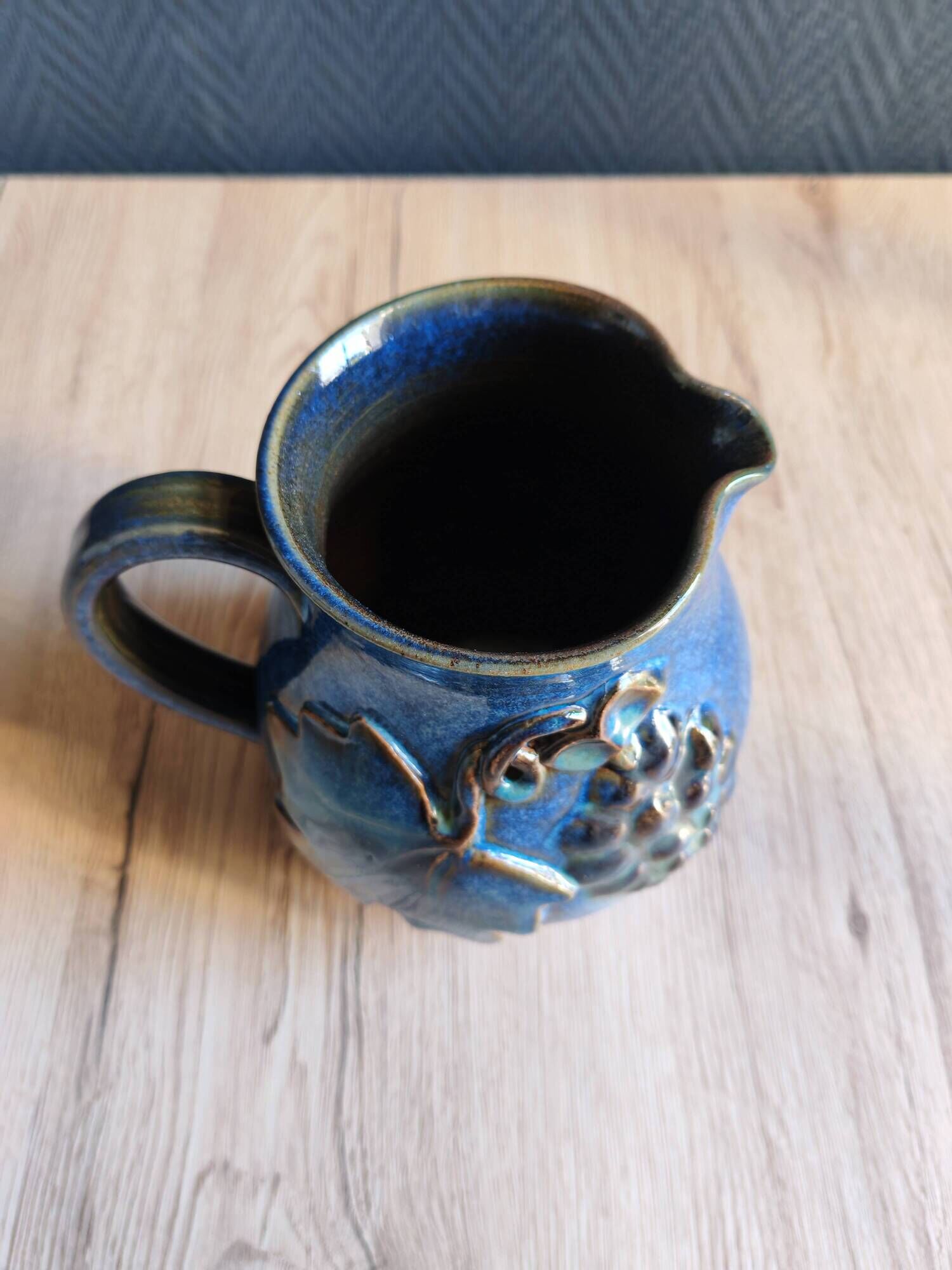 Vintage Blue Stoneware Jug with Grape Cluster Pattern, Ceramic Vase