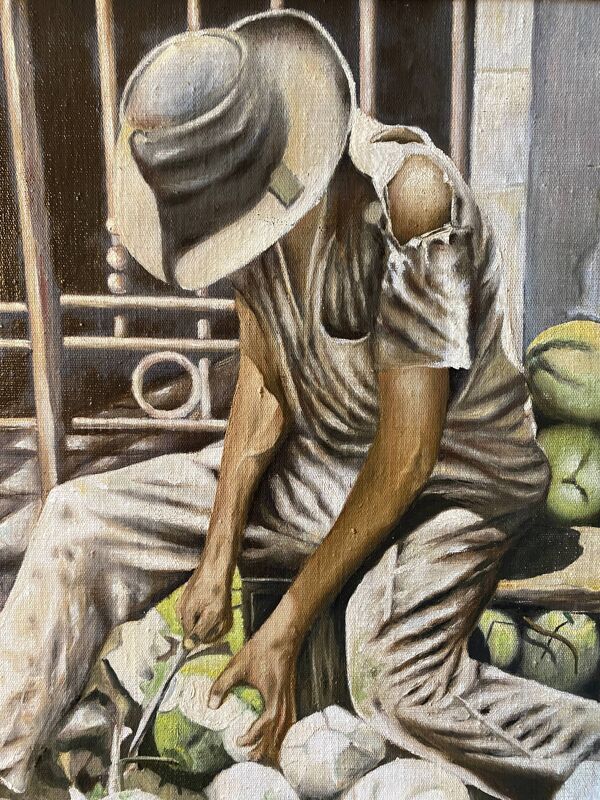 Tableau HSP ''Coupeur de noix de coco'' Sao Paulo signé Auberger 1969 + cadre