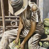 Tableau HSP "Coupeur de noix de coco" Sao Paulo signé Auberger 1969 + cadre