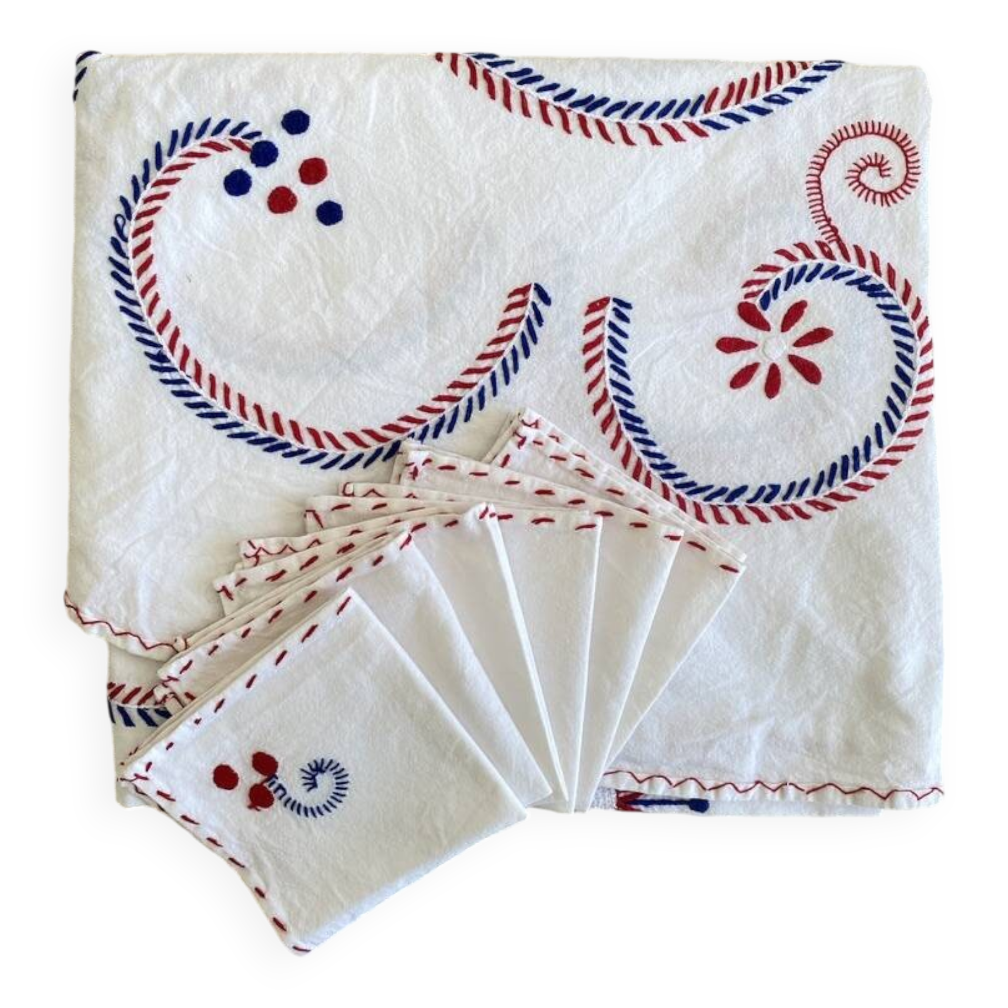 Hand embroidered round tablecloth and its 6 napkins - arabesque decoration - Cotton - diam. 130 cm