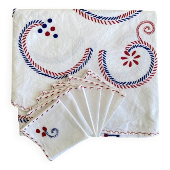 Nappe ronde brodée main et ses 6 serviettes - décor arabesques - Coton - diam. 130 cm