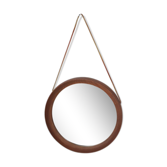 Mid-century round teak mirror with leather strap, Denmark 1960’s